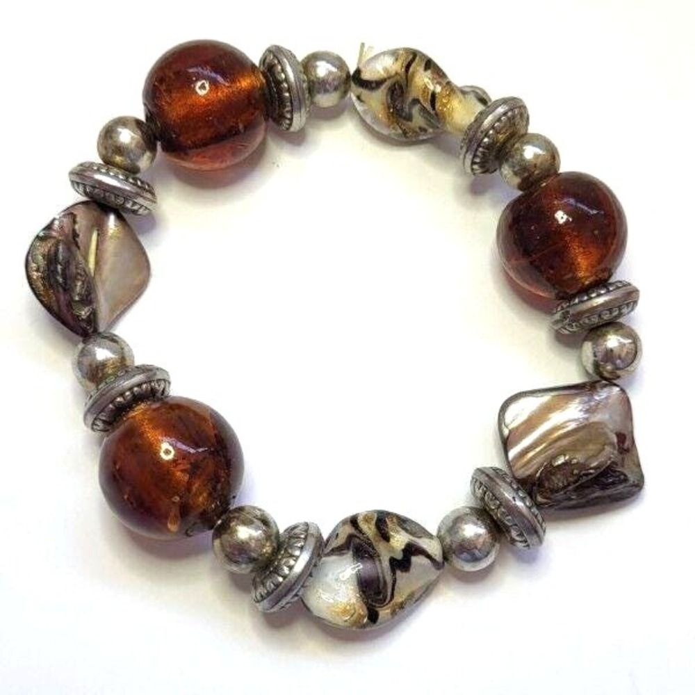 Chunky Bracelet with Art Glass Beads‎ Shell Silvertone Spacers Vintage Handmade